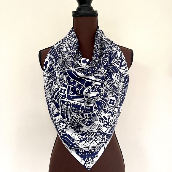 New Louis Vuitton Scarf Luggage Travel Stamps Blue Silk Scarf Wrap - Picture 14 of 14